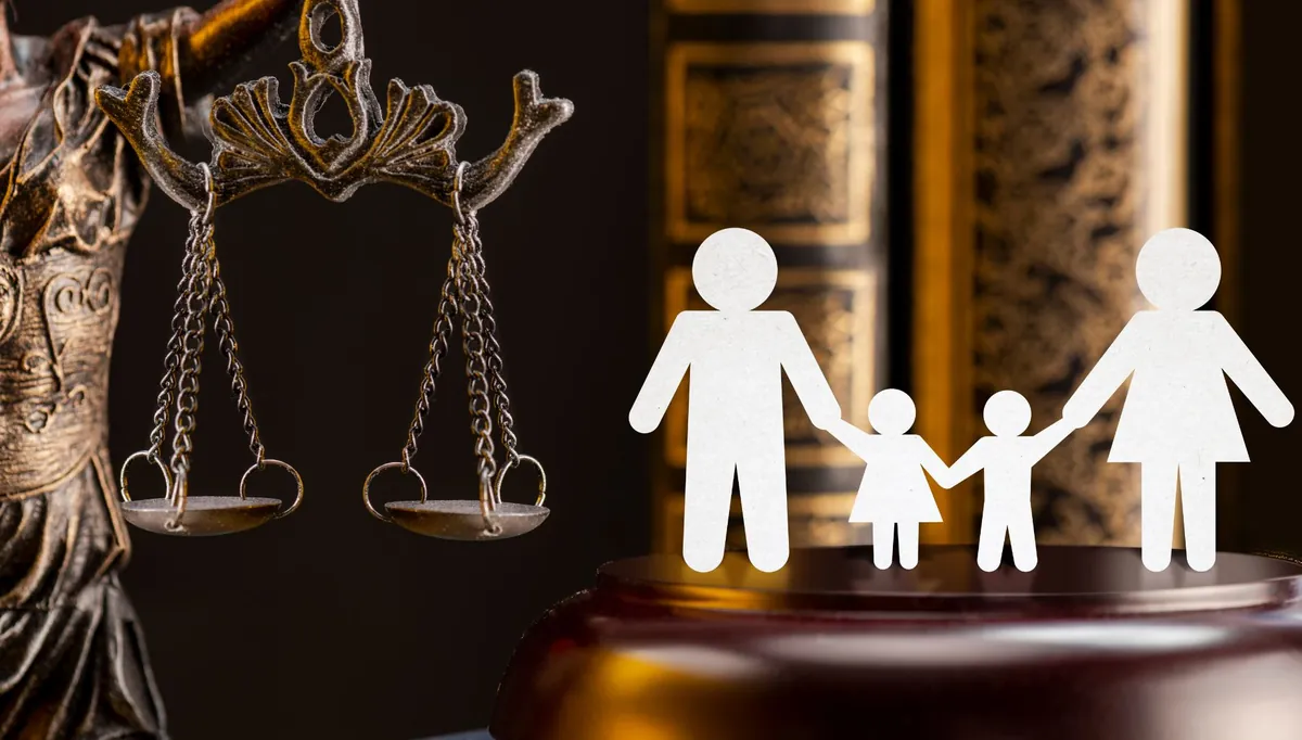 Recorte de papel em forma de família ao lado de uma balança da justiça