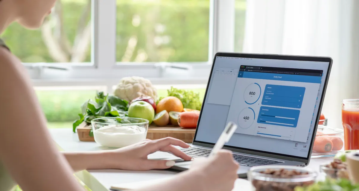 Pessoa consultando informações no notebook ao lado de frutas e legumes