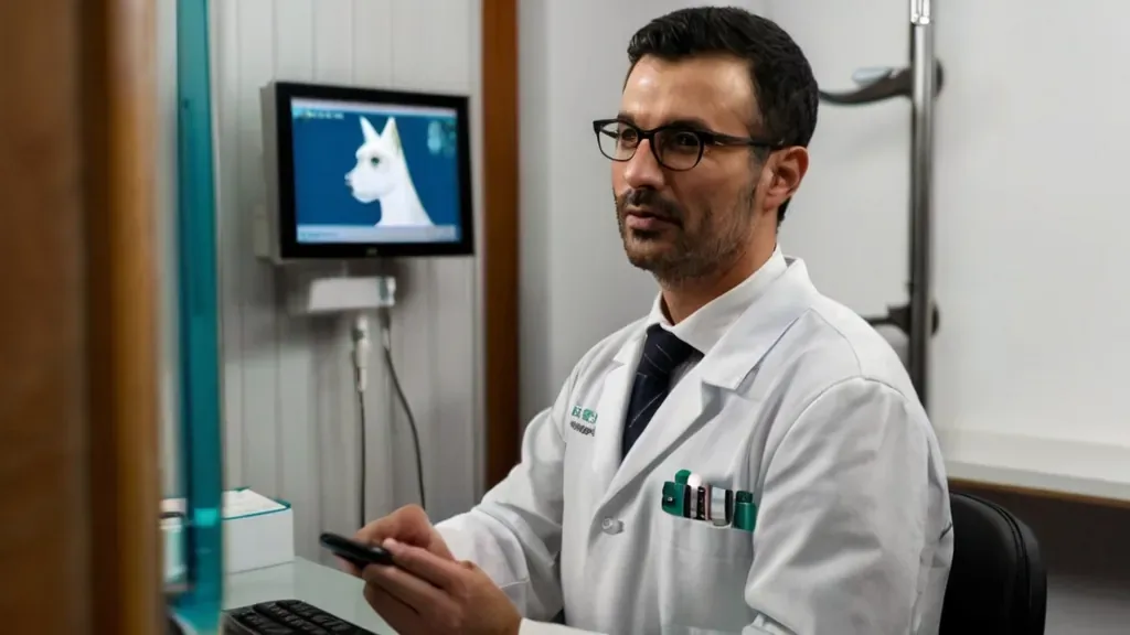 Profissional veterinário diante do computador no consultório