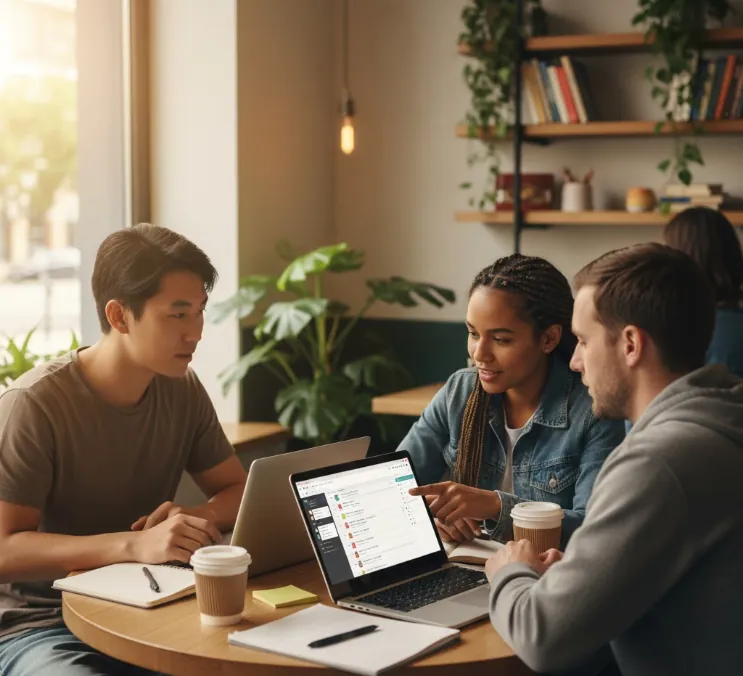 Três colegas analisando um quadro de tarefas no notebook